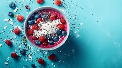 A colorful smoothie with mixed berries, chia seeds, and coconut flakes. Featuring energizing drinks