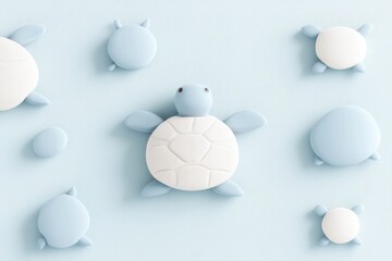 Pastel blue and white turtle figurines on a light blue background.  Cute, stylized, 3D rendered turtles arranged in a playful pattern.  Simple, minimal design