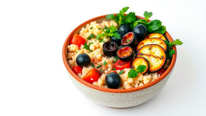 Couscous salad bowl: couscous, tomatoes, olives, parsley and grilled zucchini create a healthy and vibrant Mediterranean dish.