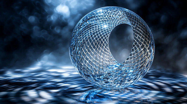 Futuristic sphere, network, blue light, reflective surface, abstract background, tech concept