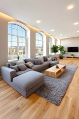 Fototapeta premium Modern living room with large windows, gray sectional sofa, light wood floors, and a cozy rug