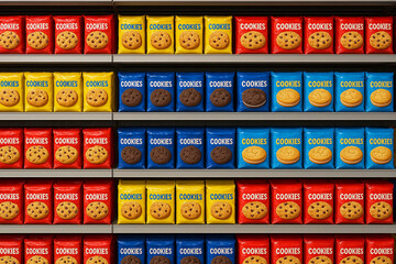 Supermarket Shelf Filled with Sweet Packaged Snacks