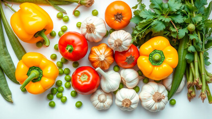 Colorful vegetable assortment featuring tomatoes, garlic, yellow bell peppers, green beans and leafy greens on a white surface. 