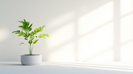 A small potted plant with vibrant green leaves sits in a minimalist white room. Sunlight streams through a window, casting soft shadows. The image is clean, high-quality, and features a serene aesthe