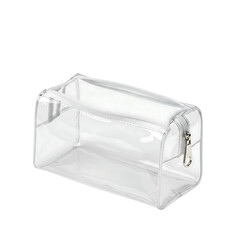 Empty clear cosmetic bag with zipper slightly open, isolated for travel makeup concepts