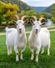 Fototapeta premium Two white goats stand side-by-side in a lush green pasture, autumnal foliage and river in background