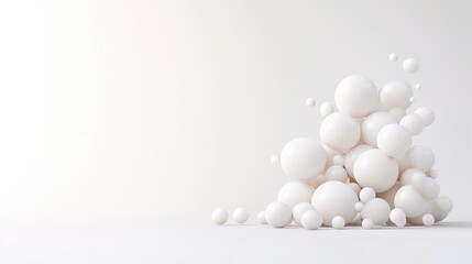 A cluster of white spheres, varying in size, rests on a white surface. The spheres are softly lit, creating a minimalist composition. The image is clean and high-resolution, with a smooth, matte fini
