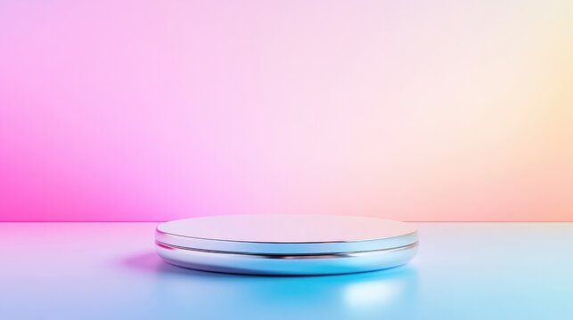 A sleek metallic platform on a gradient pastel background, minimalist design with soft lighting, and modern and abstract composition for product display.