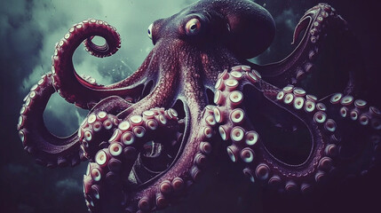Obraz premium Giant octopus underwater, dark background, ocean mystery, marine life, nature
