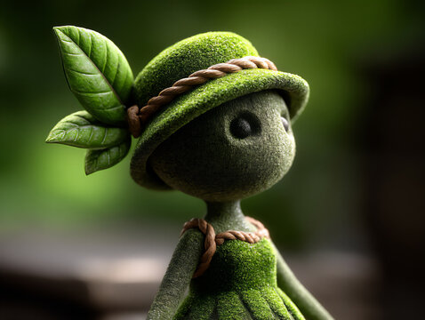 p: a 3d render of a moss statue of a forest nymph wearing a leafy dress against a backdrop of an enc