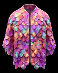 Iridescent scale-patterned jacket, pink, purple, and orange hues