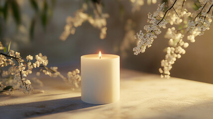 Simple white candle centered on light background sof
