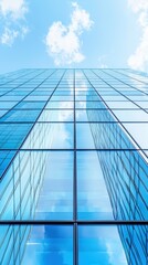 Obraz premium a photo of a tall glass building reflecting the blue sky and clouds 