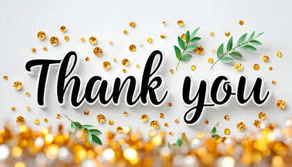 Elegant "Thank You" message with gold confetti and green leaves