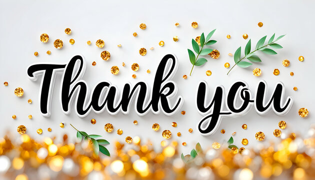 Elegant "Thank You" message with gold confetti and green leaves - Powered by Adobe