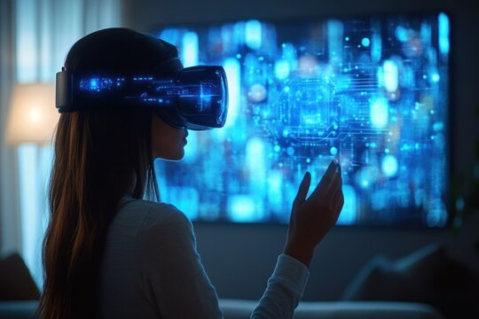 Woman with VR headset interacting with holographic interface in modern living room showcasing advanced virtual reality technology