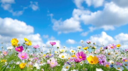 Obraz premium Colorful cosmos flowers blooming in a green meadow under a bright blue sky with white clouds during a sunny summer day.