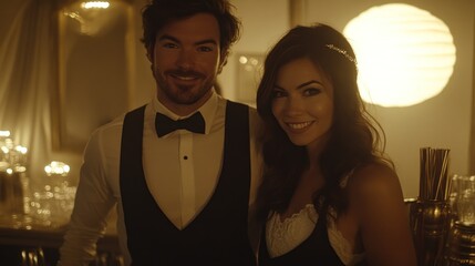 Couple smiling at camera, elegant attire, dimly lit party