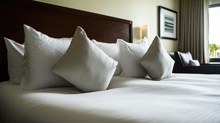 Luxurious hotel bedroom with white linens and decorative pillows, inviting relaxation and comfort for guests