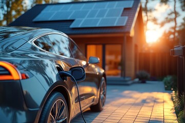 Electric Car Charging in a Modern House with Solar Panels Representing Sustainable Living and Renewable Energy