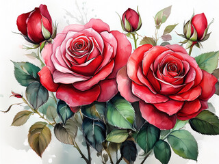 Red Roses, Watercolor Illustration With White Background