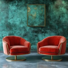 Modern Minimalist Interior Design with Coral Velvet Armchairs and Dark Green Wall Background