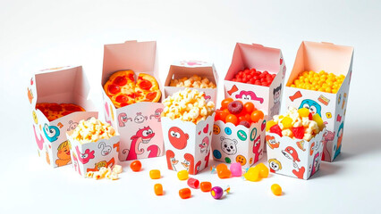 Vibrant assortment of snacks presented in playful, cartoon-themed boxes: pizza, popcorn, and colorful candies. Ideal for parties and treats.