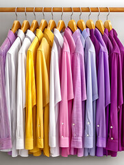 Colorful long-sleeve shirts hanging neatly on wooden hangers in a closet