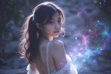 Young Asian Woman with Magical Sparkles in Enchanted Forest, Beauty, Fantasy, Portrait