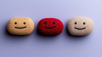 Three Textured Circle Shapes with Smiley Faces on Lavender Surface in Soft Lighting