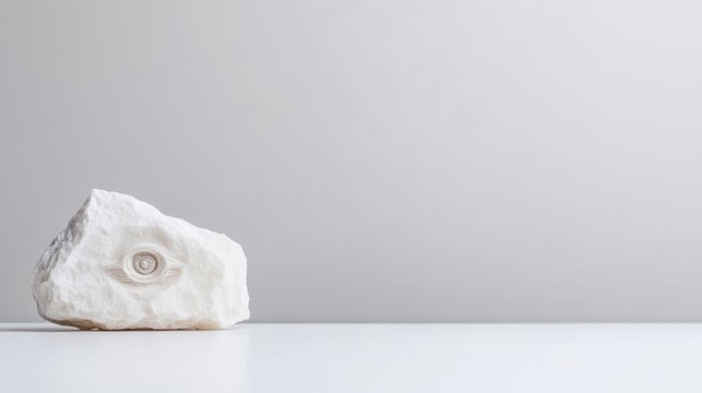 A white, irregularly shaped rock with a small, circular carving sits on a white surface. The background is a plain, light gray wall. The image is high-quality with even lighting. Its minimalist styl