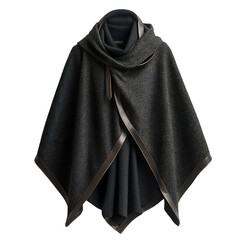 A Contemporary Wool Cape in Charcoal with Leather Trim Isolated on Transparent Background
