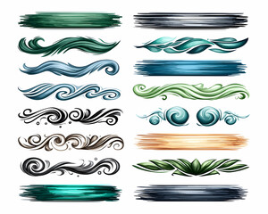 Collection of decorative elements waves, swirls, leaves, and paint strokes