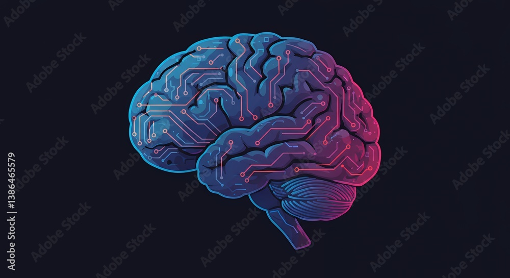 Poster artificial intelligence concept illustration with brain circuit board design representing neural net