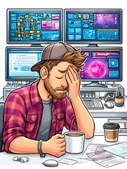 Frustrated programmer at desk with multiple monitors, coffee, and paperwork