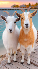 Fototapeta premium Two goats on a dock at sunset, gazing at the camera