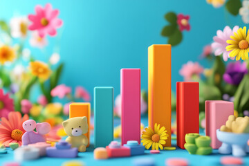 A vibrant and colorful ascending bar graph, surrounded by adorable little toys, cheerful flowers, and playful elements.
