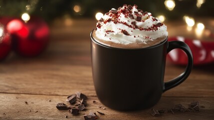 A cup of hot chocolate with whipped cream and chocolate shavings. Featuring indulgence and sweetness