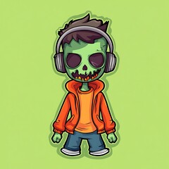 Funky Zombie with Headphones Streetwear Dark Outline on green Background