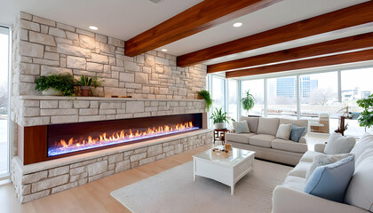 Modern living room with linear fireplace, stone wall, and large windows