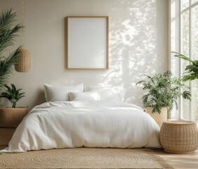 Minimalist Scandinavian Bedroom Interior Design with Mockup Frame Cozy Bedding and Green Plants