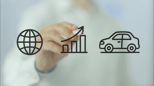 Businessman drawing global business icons on transparent screen, marking graph with rising red arrow and crossing with red cross, symbolizing potential end to automotive import tariffs