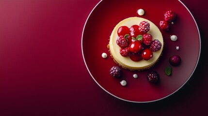 A decadent cheesecake with a berry compote topping. Featuring indulgence and richness