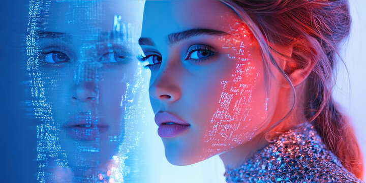 A beautiful young woman stands next to her digital doppelganger clone hologram. Creative concept for creating a digital avatar