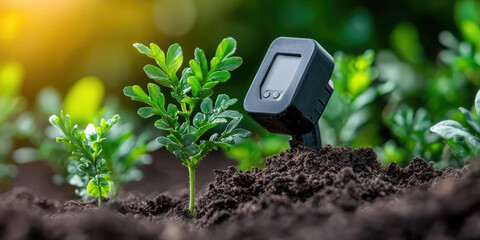 Garden mini soil moisture meter stuck in the soil, Hygrometer, plant watering probe, outdoor moisture analyzer