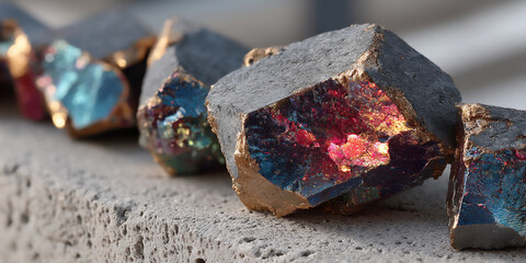 p: a close-up of molten bismuth metal solidifying into intricate, iridescent crystals