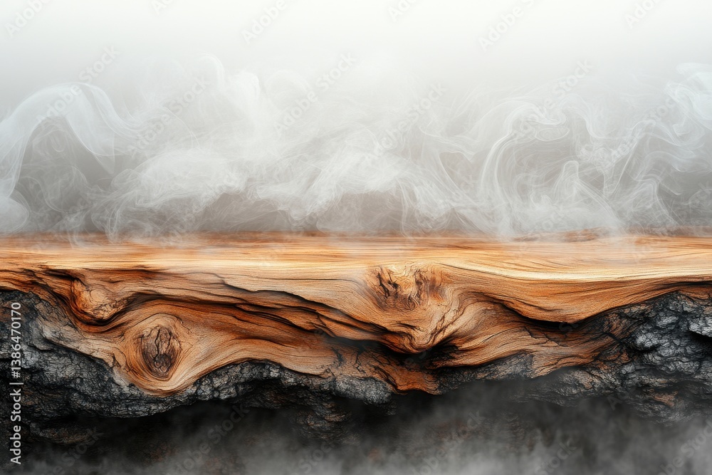Poster Wooden surface with wisps of smoke emerging in a dimly lit environment creating an atmospheric and moody effect