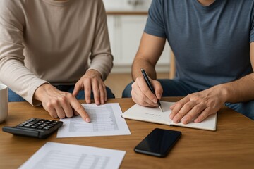 Two men analyzing financial documents and taking notes in notebook