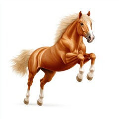 Obraz premium Leaping Light Brown Horse with White Legs and Flowing Mane on White Background