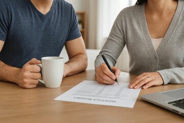 Couple calculating monthly budget and managing domestic expenses